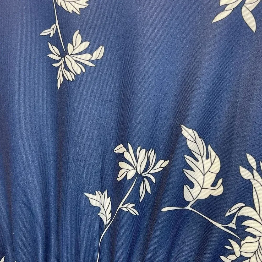 HOMEYEE Dress Size 2XL Blue White Floral Round Neck Midi A-Line Pleated Swing - Picture 15 of 16